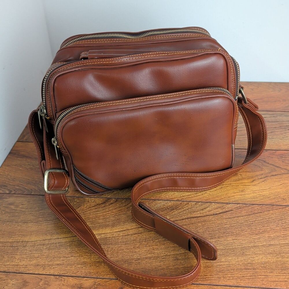 Tan Leather 3 Compartment Padded Travel Camera Bag With Shoulder Strap Taiwan